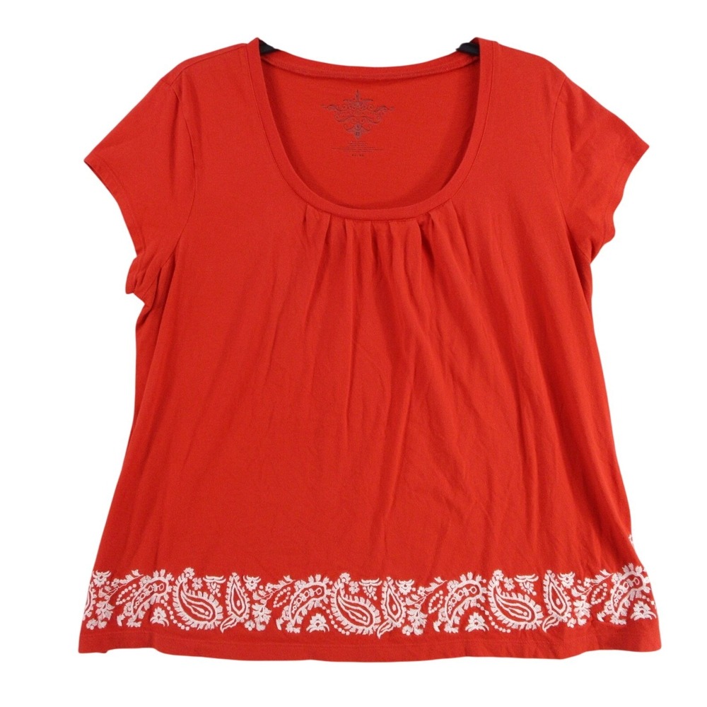 Tommy Hilfiger Womens Red Cotton Paisley Embroidered Hem Scoop Neck Top XL